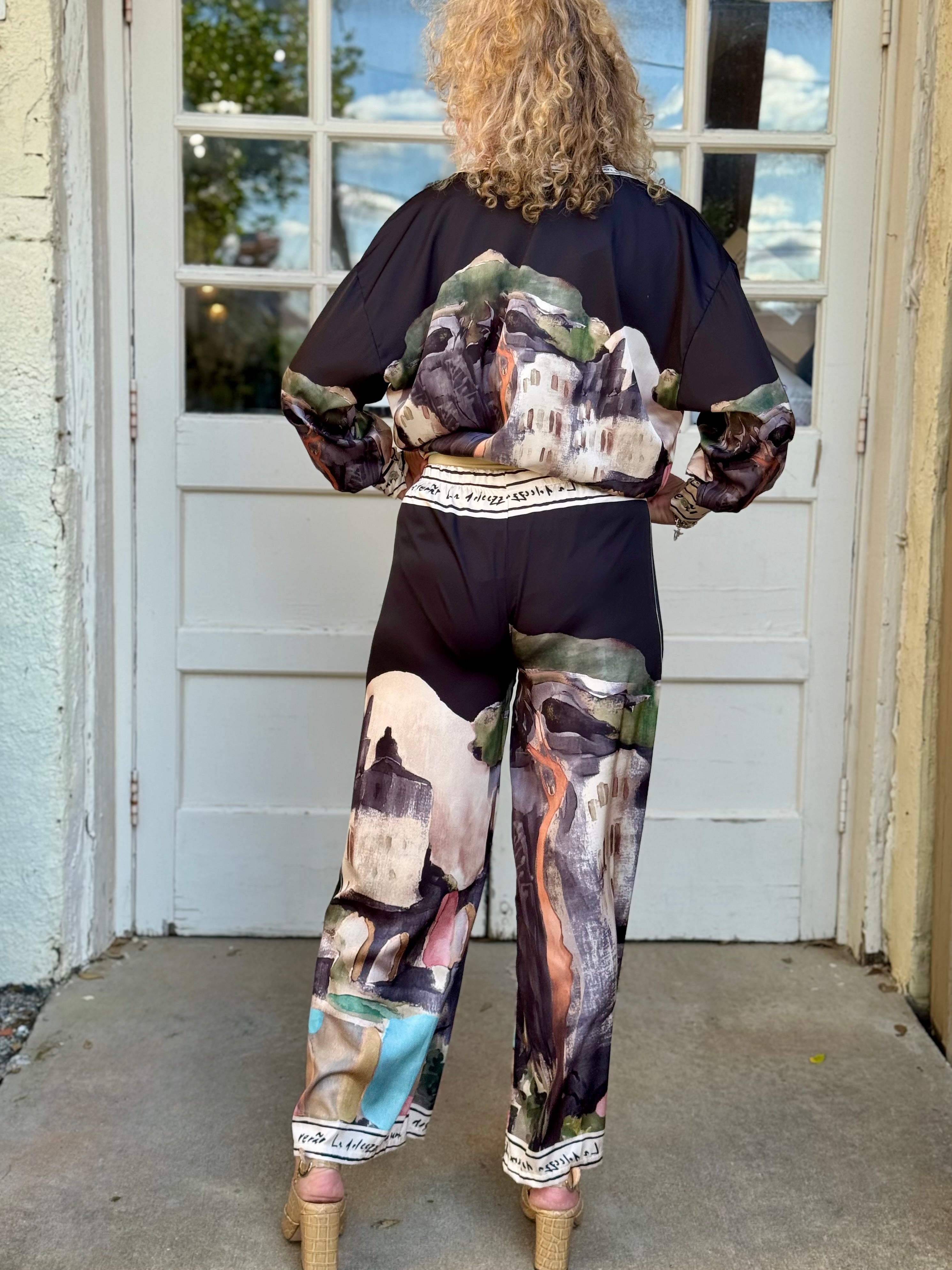 Satin Village Print Pant In black at ooh la la! in Grapevine TX 76051