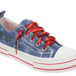 Very G Aman sneakers, patriotic denim shoes, star print platform sneakers, USA rhinestone sneakers, red sparkle laces, women’s dark denim sneakers, Americana footwear, Very G platform shoes, red white and blue sneakers. at ooh la la! in Grapevine TX 76051