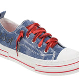 Very G Aman sneakers, patriotic denim shoes, star print platform sneakers, USA rhinestone sneakers, red sparkle laces, women’s dark denim sneakers, Americana footwear, Very G platform shoes, red white and blue sneakers. at ooh la la! in Grapevine TX 76051