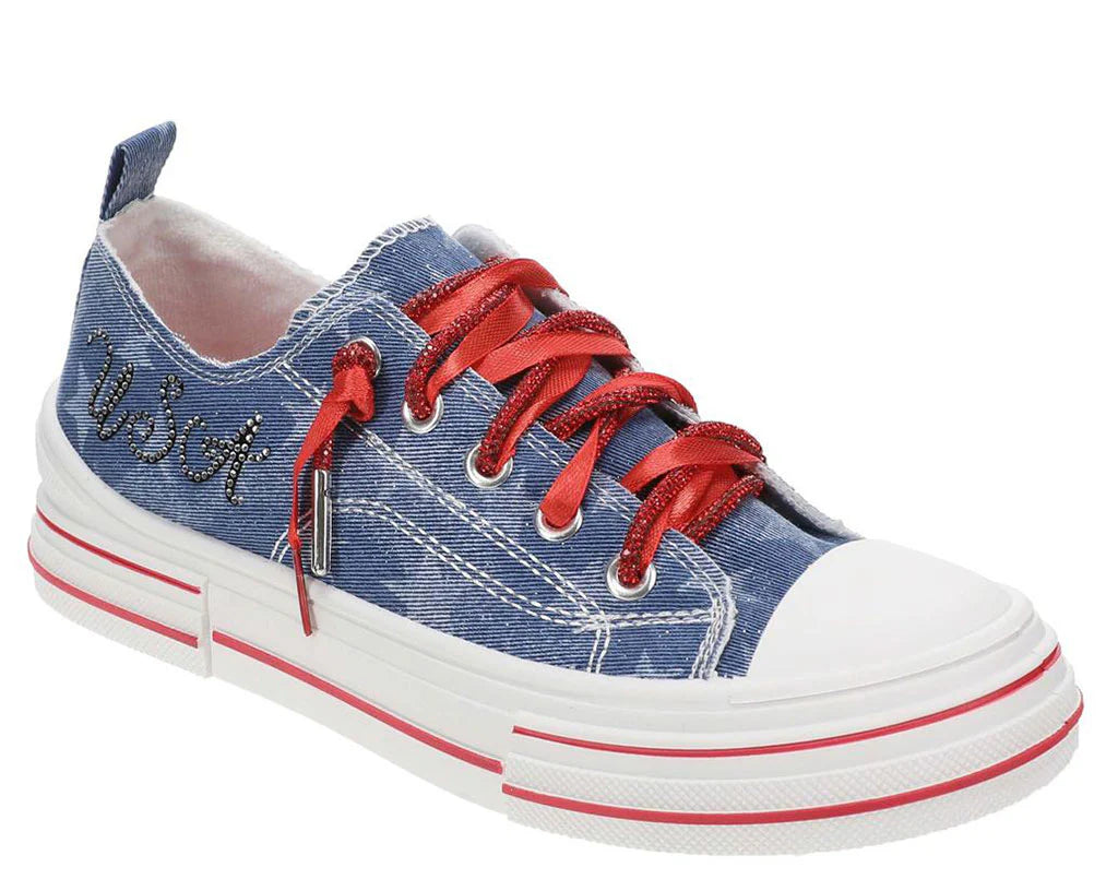 Very G Aman sneakers, patriotic denim shoes, star print platform sneakers, USA rhinestone sneakers, red sparkle laces, women’s dark denim sneakers, Americana footwear, Very G platform shoes, red white and blue sneakers. at ooh la la! in Grapevine TX 76051