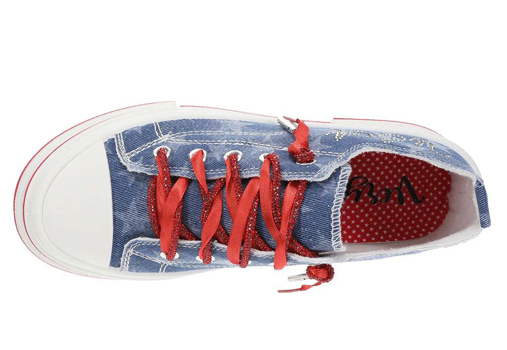 Very G Aman sneakers, patriotic denim shoes, star print platform sneakers, USA rhinestone sneakers, red sparkle laces, women’s dark denim sneakers, Americana footwear, Very G platform shoes, red white and blue sneakers. at ooh la la! in Grapevine TX 76051