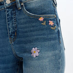embroidered jeans, daisy denim, mid rise bootcut, floral flare jeans, boho style jeans, women's flower jeans, stretch denim, retro flare, Flora jeans at ooh la la! in Grapevine TX 76051