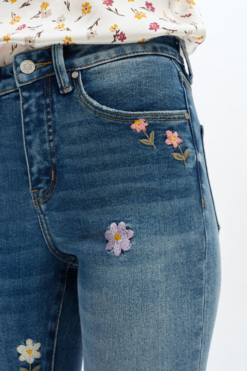embroidered jeans, daisy denim, mid rise bootcut, floral flare jeans, boho style jeans, women's flower jeans, stretch denim, retro flare, Flora jeans at ooh la la! in Grapevine TX 76051