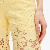 Butter yellow Wide leg jeans, floral lace denim, rhinestone jeans, high rise wide leg, pastel yellow jeans, pink lace jeans, statement denim, women’s high stretch jeans. at ooh la la! in Grapevine TX 76051