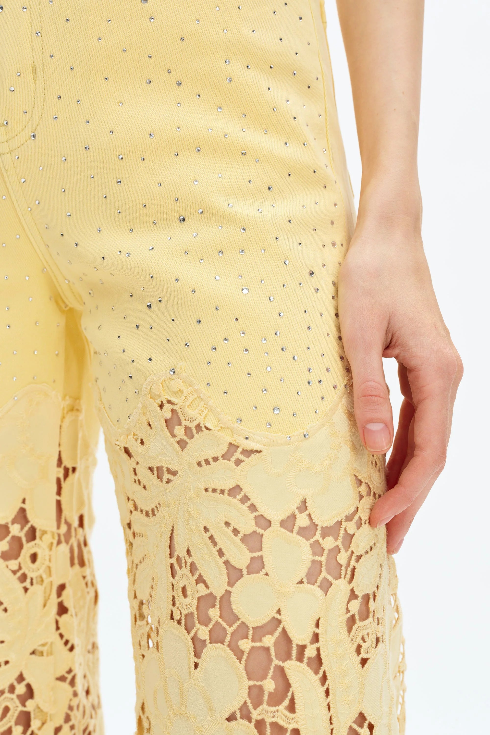 Butter yellow Wide leg jeans, floral lace denim, rhinestone jeans, high rise wide leg, pastel yellow jeans, pink lace jeans, statement denim, women’s high stretch jeans. at ooh la la! in Grapevine TX 76051