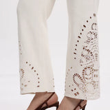 high rise straight jeans, paisley embroidery denim, cream cutout jeans, lyocell blend pants, bohemian straight leg, designer hem denim, white high waisted jeans at ooh la la! in Grapevine TX 76051
