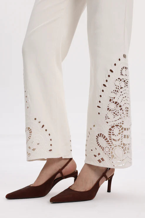 high rise straight jeans, paisley embroidery denim, cream cutout jeans, lyocell blend pants, bohemian straight leg, designer hem denim, white high waisted jeans at ooh la la! in Grapevine TX 76051