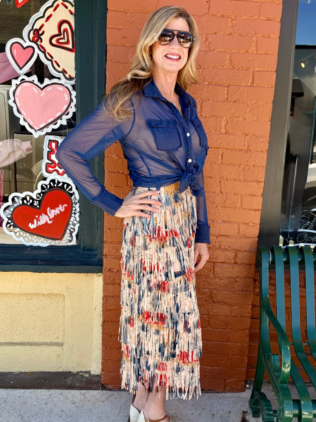 Printed Fringe Midi Skirt in Tan Cactus Flower at ooh la la! in Grapevine TX 76051