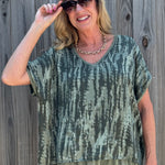 Made in Italy Satin Printed Pullover Blouse in Olive at ooh la la! in Grapevine TX 76051