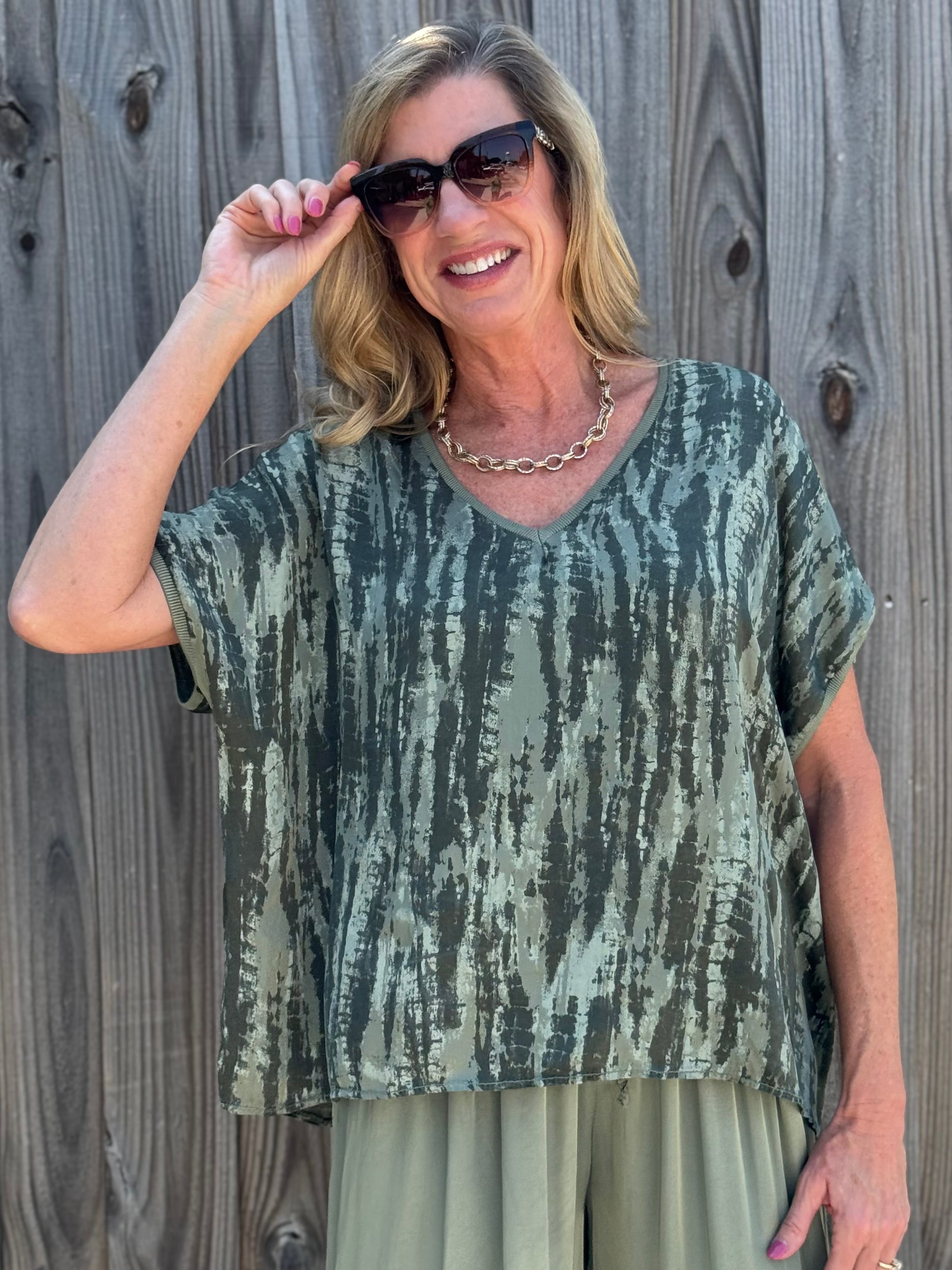 Made in Italy Satin Printed Pullover Blouse in Olive at ooh la la! in Grapevine TX 76051