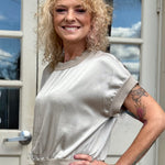 Satin Short Sleeve Top with Rib Knit Trim in beige at ooh la la! in Grapevine TX 76051