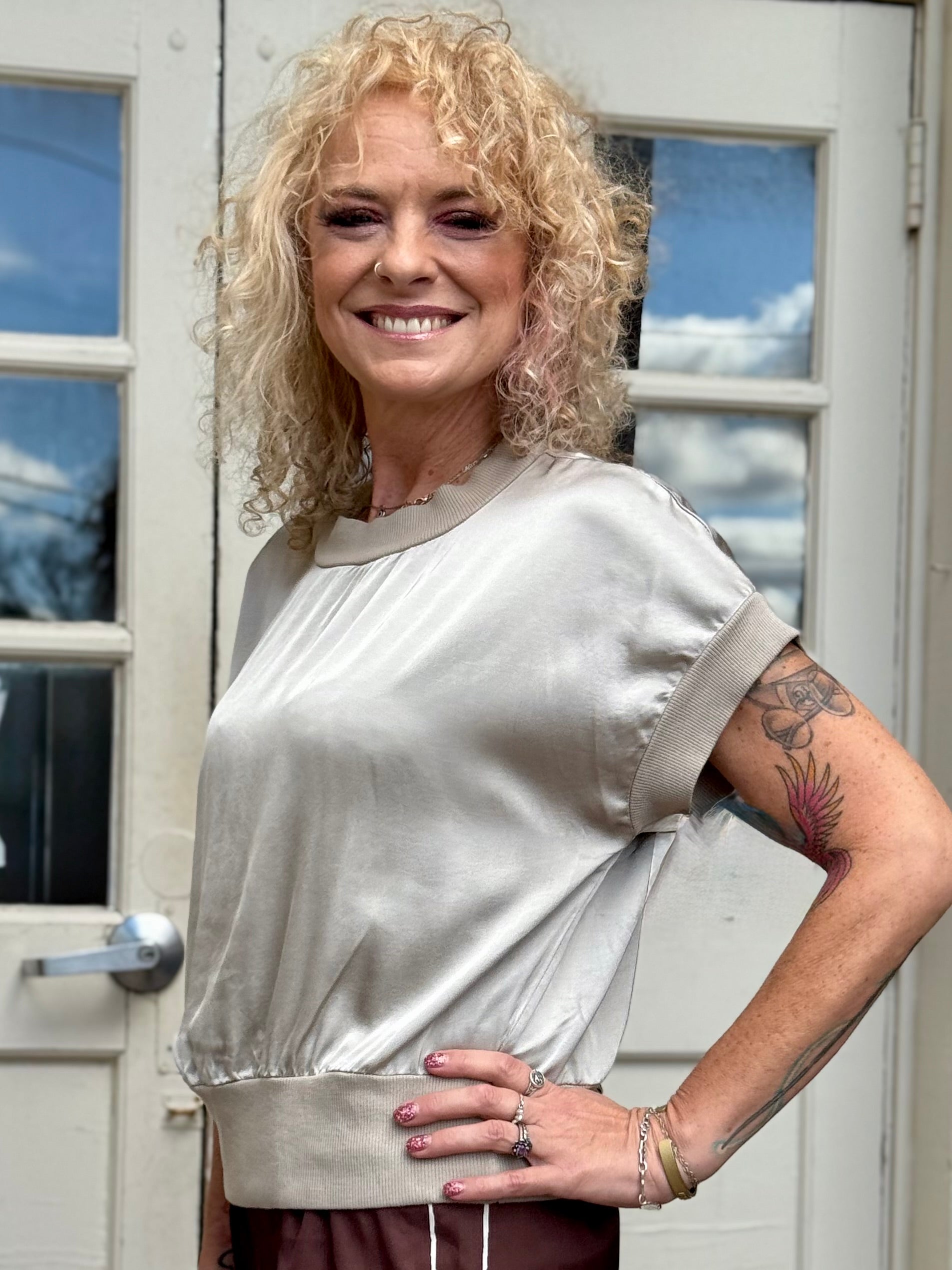 Satin Short Sleeve Top with Rib Knit Trim in beige at ooh la la! in Grapevine TX 76051