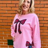 Simply Southern Plaid Bows Applique Sweatshirt in pink at ooh la la! in Grapevine TX 76051