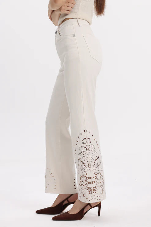 high rise straight jeans, paisley embroidery denim, cream cutout jeans, lyocell blend pants, bohemian straight leg, designer hem denim, white high waisted jeans at ooh la la! in Grapevine TX 76051