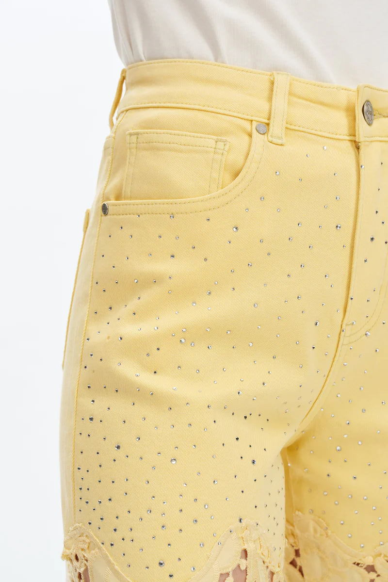 Butter yellow Wide leg jeans, floral lace denim, rhinestone jeans, high rise wide leg, pastel yellow jeans, pink lace jeans, statement denim, women’s high stretch jeans. at ooh la la! in Grapevine TX 76051