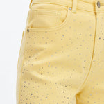 Butter yellow Wide leg jeans, floral lace denim, rhinestone jeans, high rise wide leg, pastel yellow jeans, pink lace jeans, statement denim, women’s high stretch jeans. at ooh la la! in Grapevine TX 76051