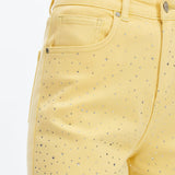 Butter yellow Wide leg jeans, floral lace denim, rhinestone jeans, high rise wide leg, pastel yellow jeans, pink lace jeans, statement denim, women’s high stretch jeans. at ooh la la! in Grapevine TX 76051