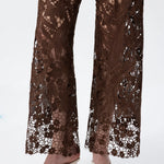 High Rise Embroidered Lace Wide Leg Jeans with Rhinestones in Chocolate Brown at ooh la la! in Grapevine TX 76051