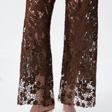 High Rise Embroidered Lace Wide Leg Jeans with Rhinestones in Chocolate Brown at ooh la la! in Grapevine TX 76051