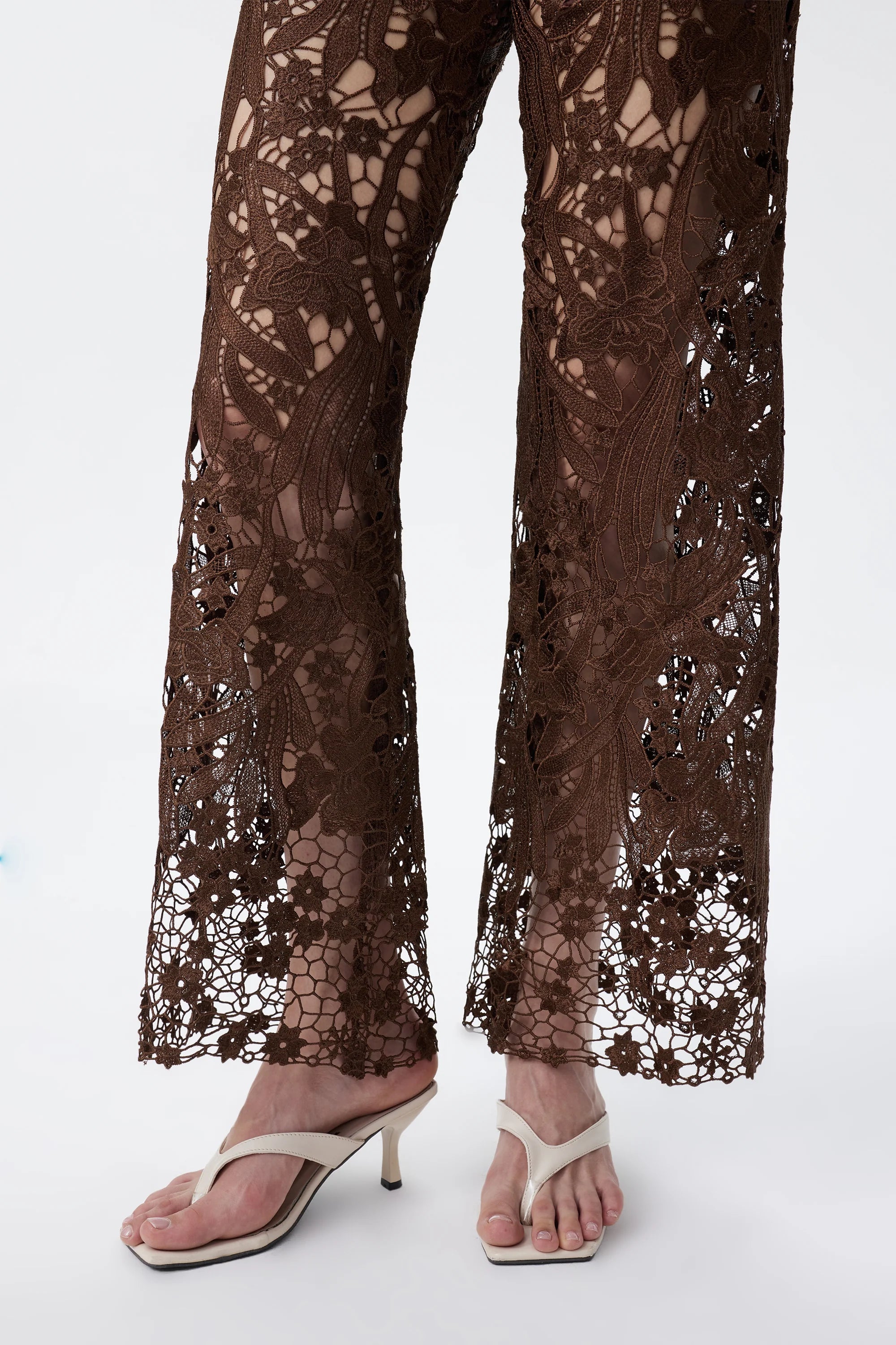 High Rise Embroidered Lace Wide Leg Jeans with Rhinestones in Chocolate Brown at ooh la la! in Grapevine TX 76051