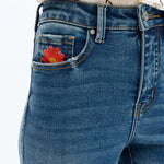 embroidered jeans, daisy denim, mid rise bootcut, floral flare jeans, boho style jeans, women's flower jeans, stretch denim, retro flare, Flora jeans at ooh la la! in Grapevine TX 76051
