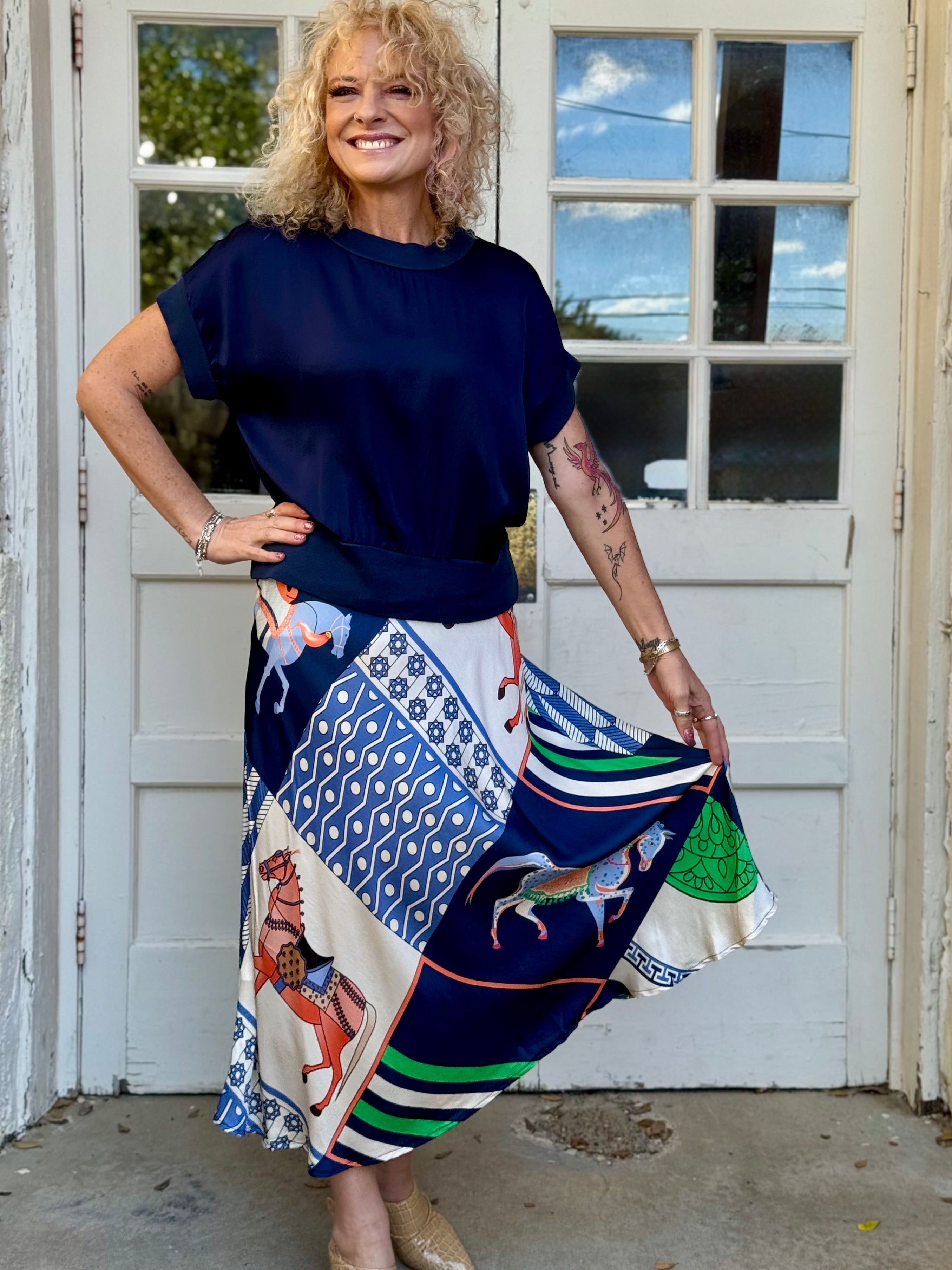 Satin Horse Printed Midi Skirt in navy at ooh la la! in Grapevine TX 76051