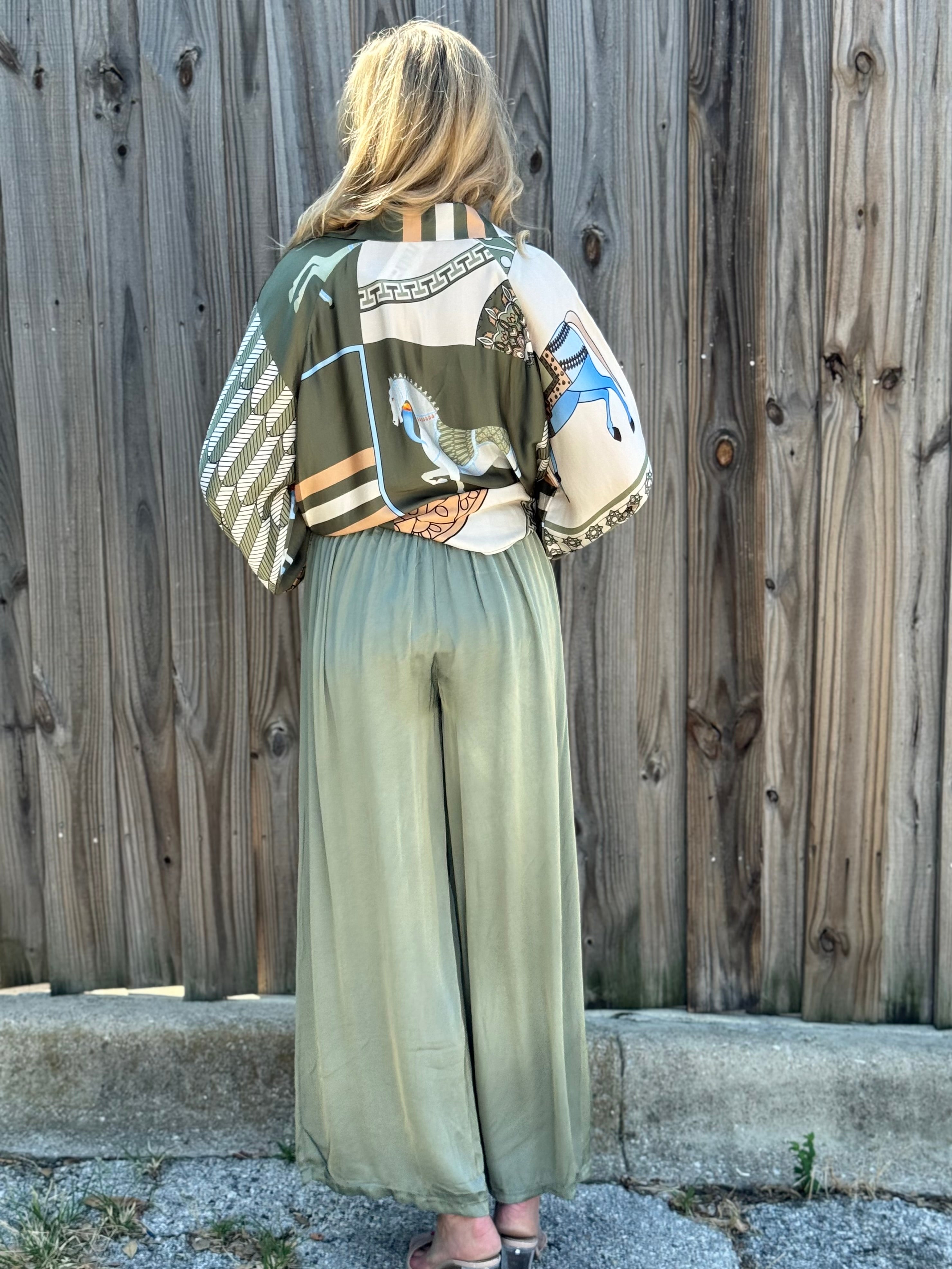 Made in Italy Satin Wide Leg Pants in Olive at ooh la la! in Grapevine TX 76051