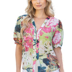 floral puff sleeve blouse, lightweight summer top, women's v-neck floral shirt, button down floral top, boutique spring fashion, breezy floral blouse at ooh la la in Grapevine TX 76051
