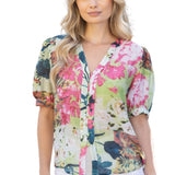 floral puff sleeve blouse, lightweight summer top, women's v-neck floral shirt, button down floral top, boutique spring fashion, breezy floral blouse at ooh la la in Grapevine TX 76051