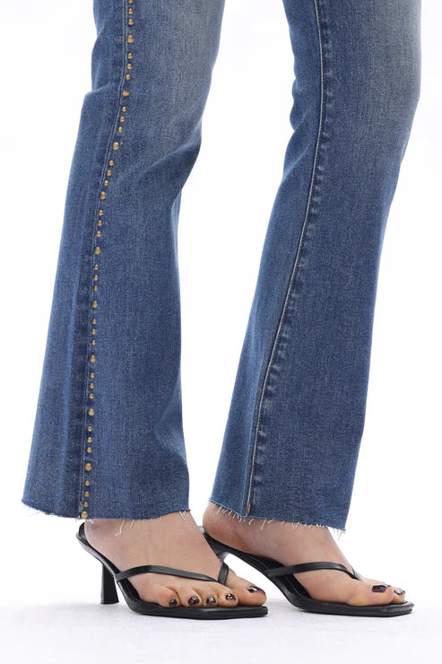 High Rise Boot Cut Brass Rivet Trim Jeans in Medium Blue at ooh la la! in Grapevine TX 76051
