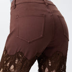 High Rise Embroidered Lace Wide Leg Jeans with Rhinestones in Chocolate Brown at ooh la la! in Grapevine TX 76051