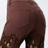 High Rise Embroidered Lace Wide Leg Jeans with Rhinestones in Chocolate Brown at ooh la la! in Grapevine TX 76051