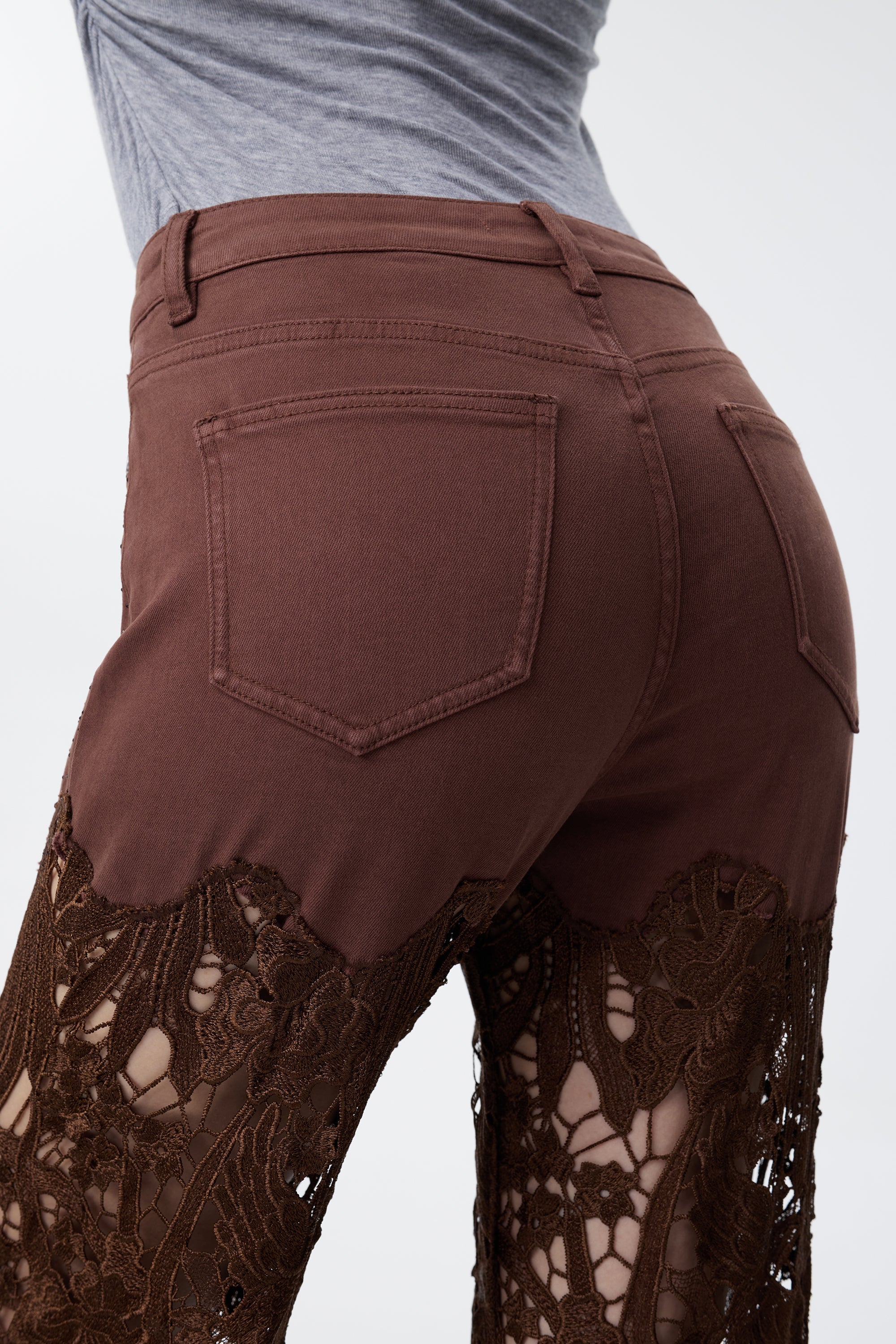 High Rise Embroidered Lace Wide Leg Jeans with Rhinestones in Chocolate Brown at ooh la la! in Grapevine TX 76051
