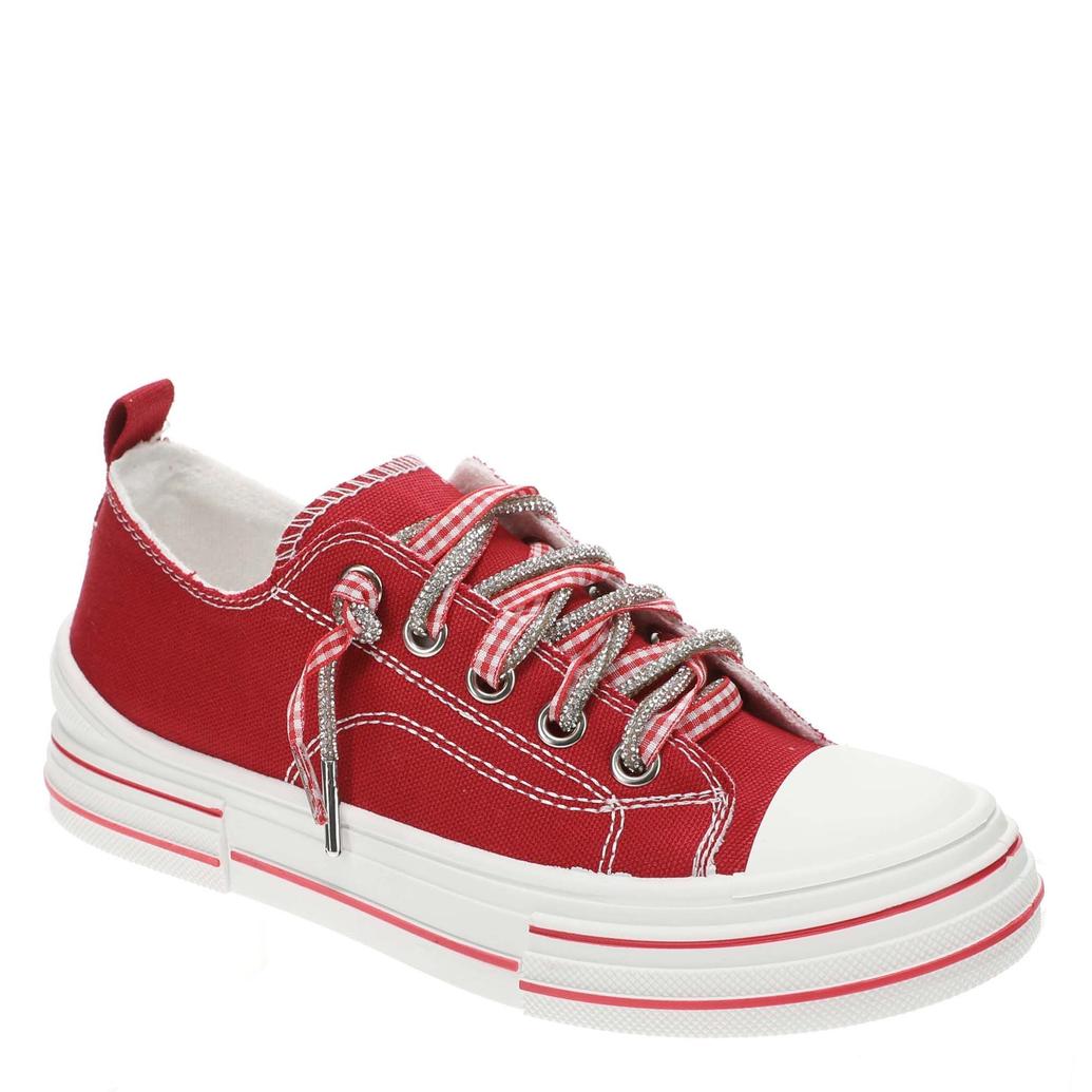 Very G Aman double sneakers, red canvas shoes, gingham ribbon laces, sparkle sneakers, women’s trendy footwear, double lace sneakers, comfortable red flats, Very G shoes. at ooh la la! in Grapevine TX 76051