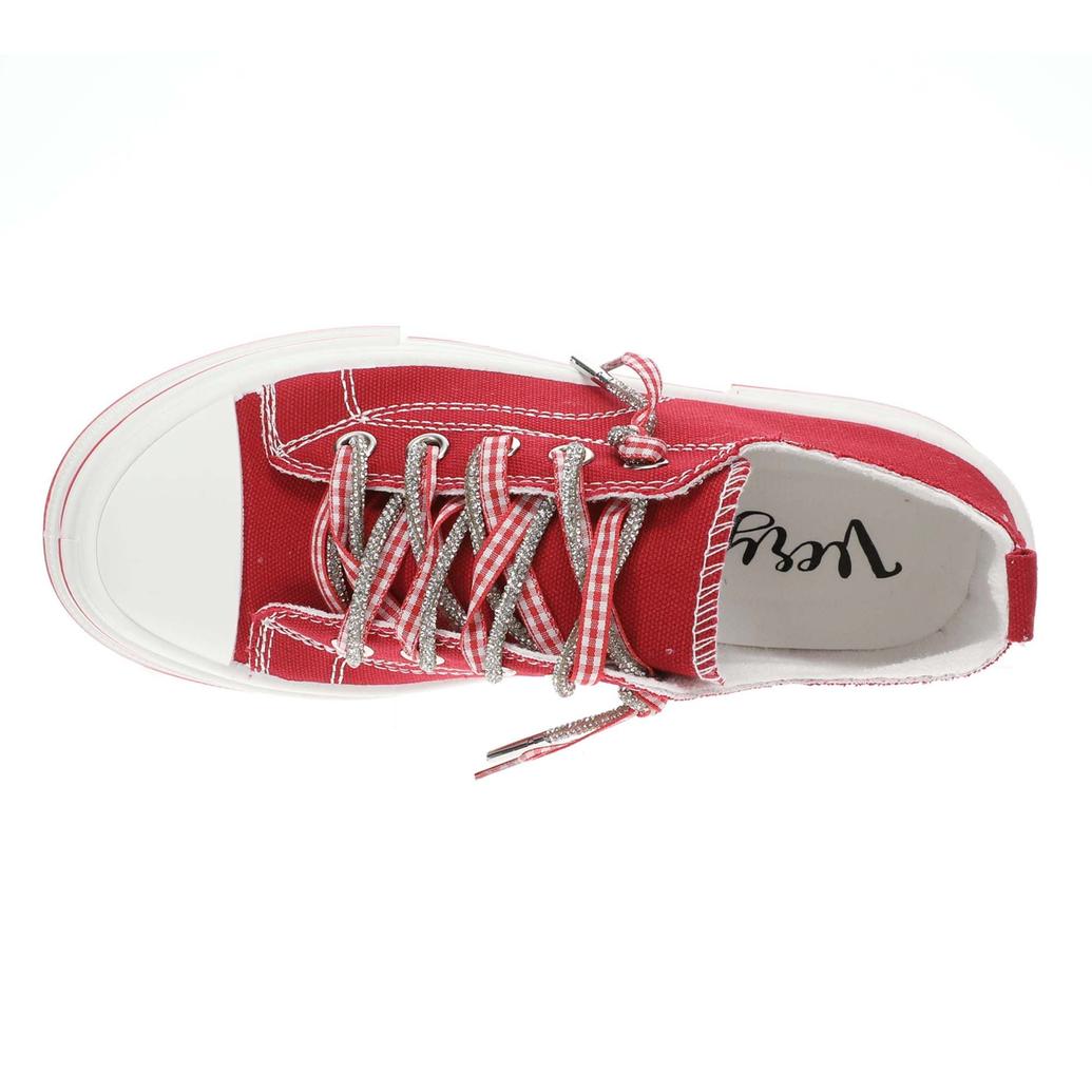 Very G Aman double sneakers, red canvas shoes, gingham ribbon laces, sparkle sneakers, women’s trendy footwear, double lace sneakers, comfortable red flats, Very G shoes. at ooh la la! in Grapevine TX 76051