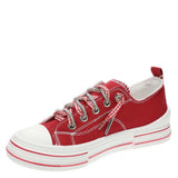 Very G Aman double sneakers, red canvas shoes, gingham ribbon laces, sparkle sneakers, women’s trendy footwear, double lace sneakers, comfortable red flats, Very G shoes. at ooh la la! in Grapevine TX 76051