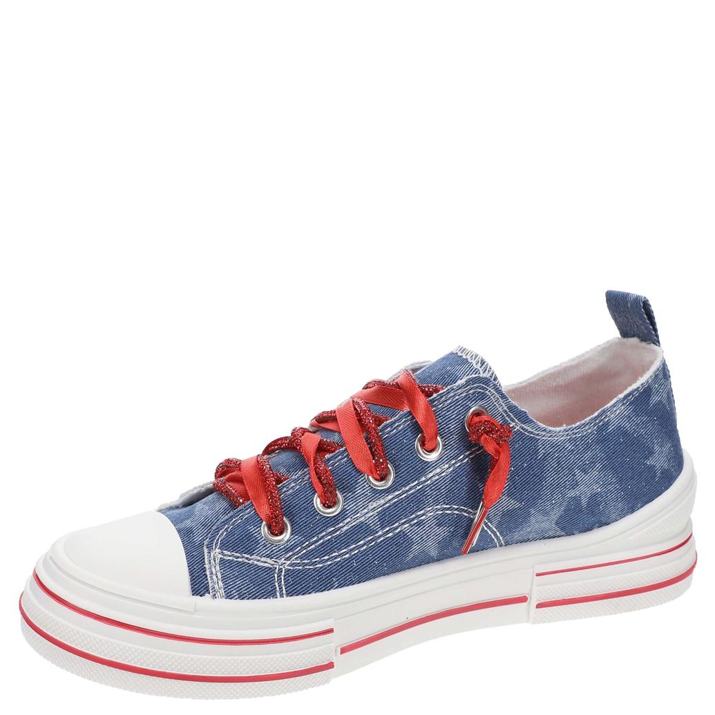 Very G Aman sneakers, patriotic denim shoes, star print platform sneakers, USA rhinestone sneakers, red sparkle laces, women’s dark denim sneakers, Americana footwear, Very G platform shoes, red white and blue sneakers. at ooh la la! in Grapevine TX 76051