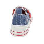 Very G Aman sneakers, patriotic denim shoes, star print platform sneakers, USA rhinestone sneakers, red sparkle laces, women’s dark denim sneakers, Americana footwear, Very G platform shoes, red white and blue sneakers. at ooh la la! in Grapevine TX 76051