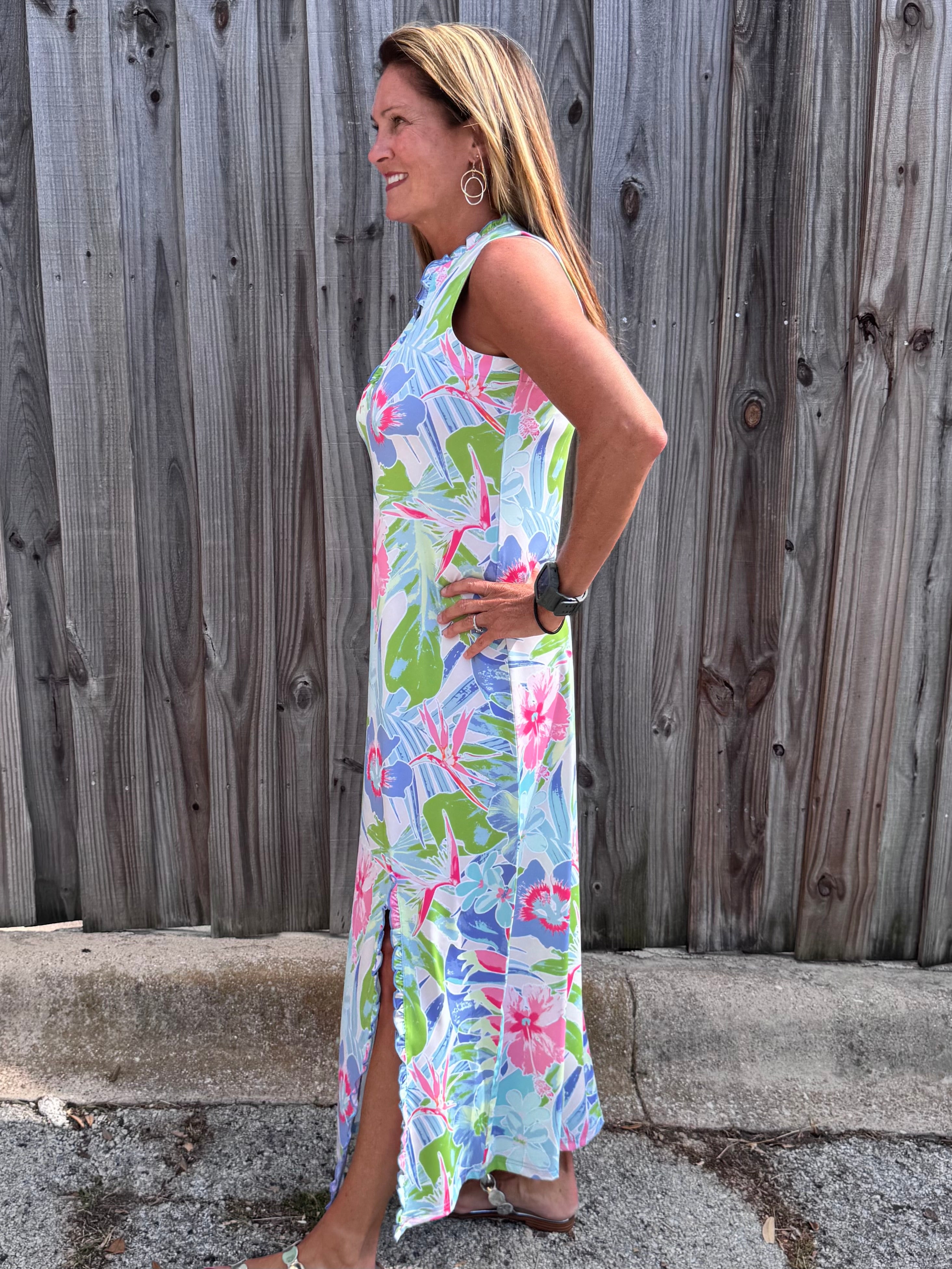 Ana Clare, UPF 50 maxi dress, tropical floral maxi, sun protective clothing, sheath maxi dress, summer vacation outfit, resort wear for women, SPF 50+ sun dress. at ooh la la! in Grapevine TX 76051