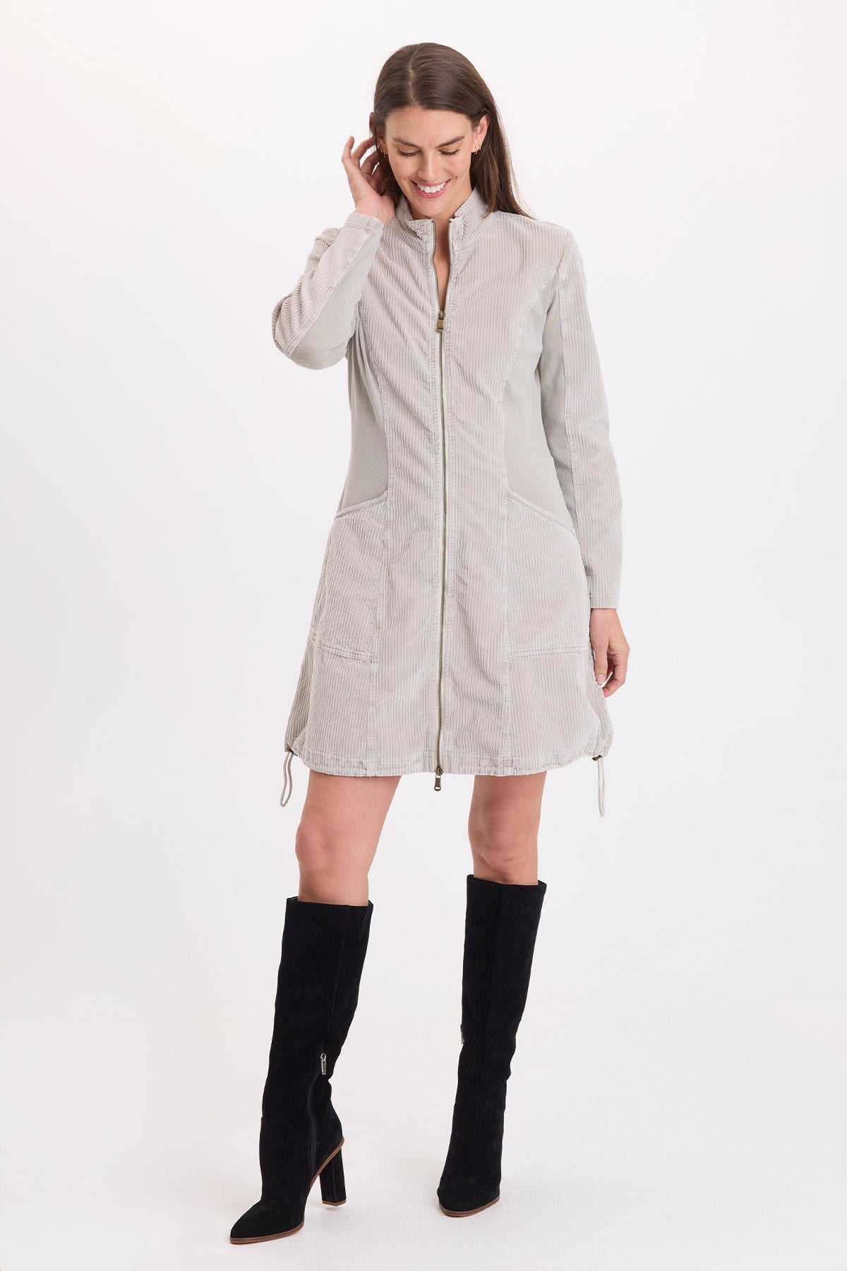 XCVI Uzma Corduroy Jacket Dress in Whitecap Pigment with black knee-high boots