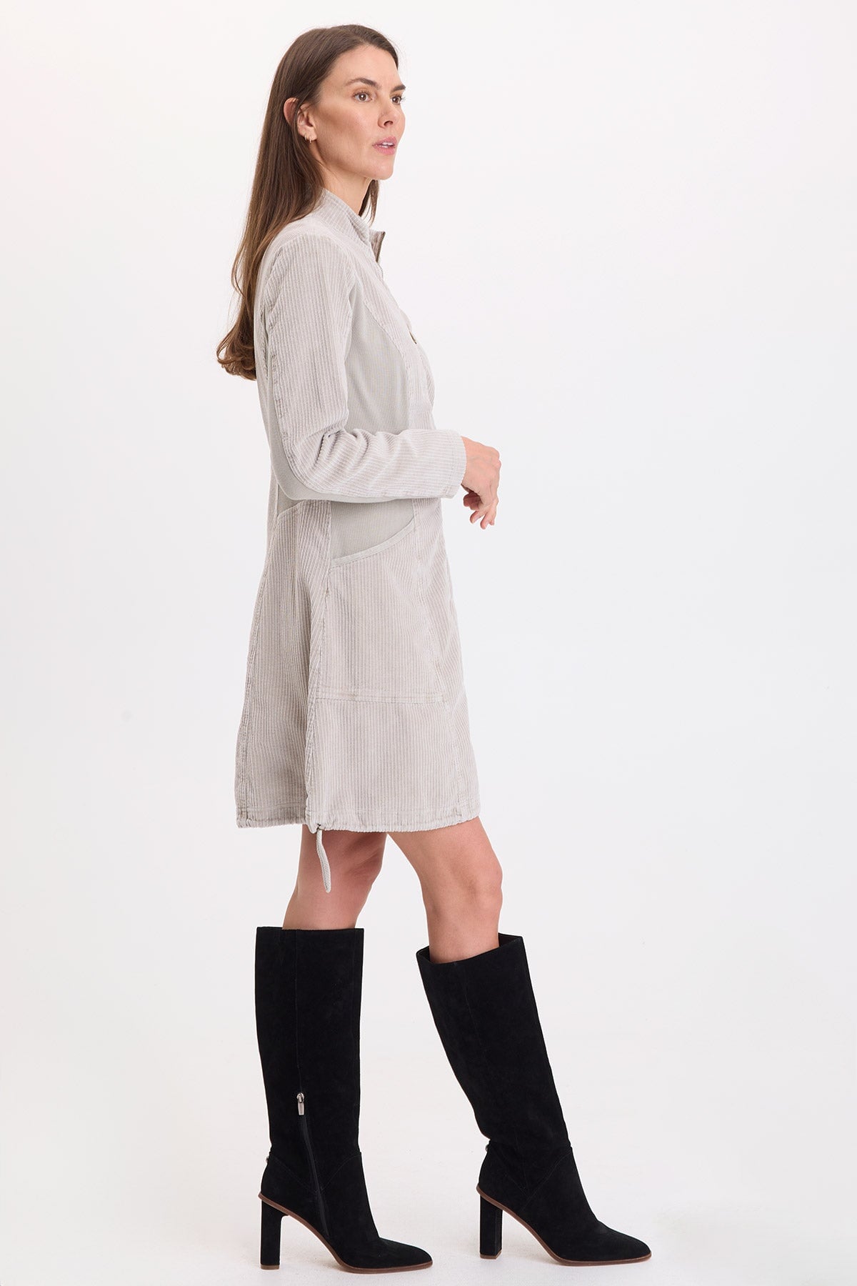 XCVI Uzma Corduroy Jacket Dress in Whitecap Pigment worn with black knee-high boots