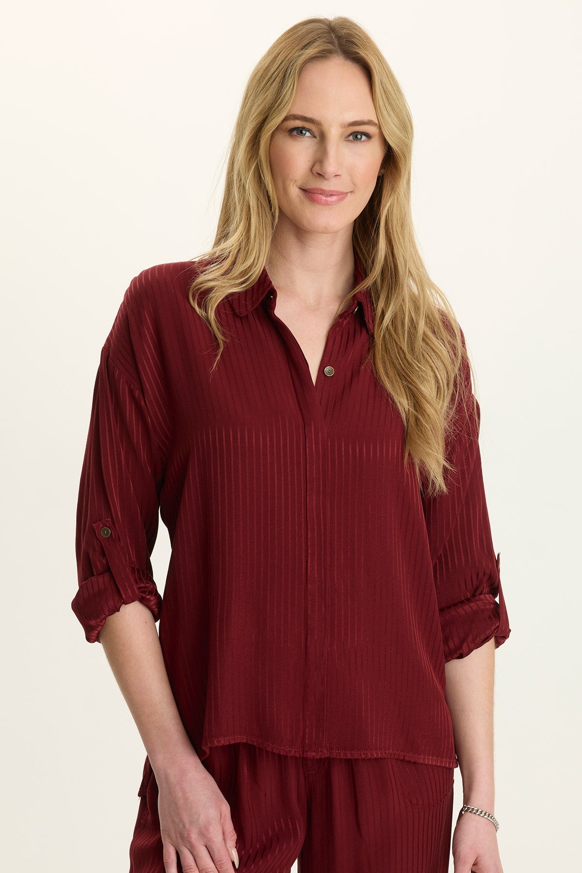 Aeson Button-Up Blouse in Salem’s Door (burgundy) at ooh la la! in Grapevine YX 76051