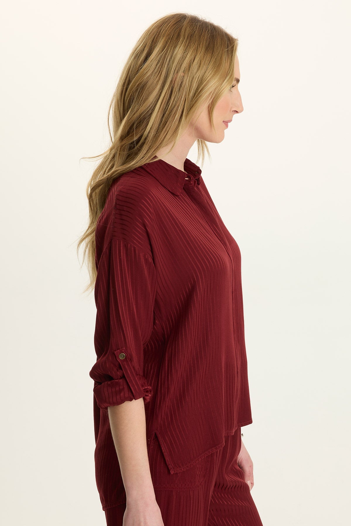 Aeson Button-Up Blouse in Salem’s Door (burgundy) at ooh la la! in Grapevine YX 76051