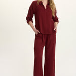 Aeson Button-Up Blouse and Harmon pant in Salem’s Door (burgundy) at ooh la la! in Grapevine TX 76051