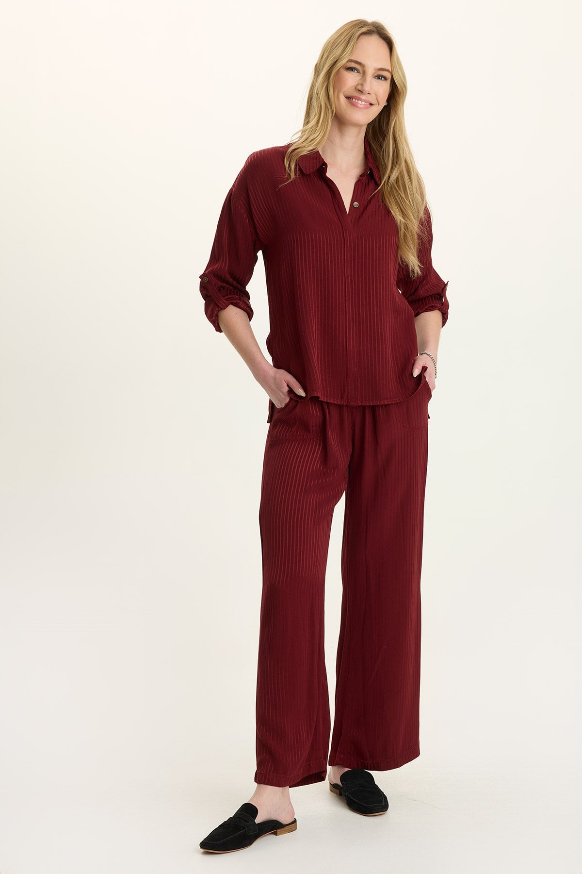 Aeson Button-Up Blouse and Harmon pant in Salem’s Door (burgundy) at ooh la la! in Grapevine TX 76051