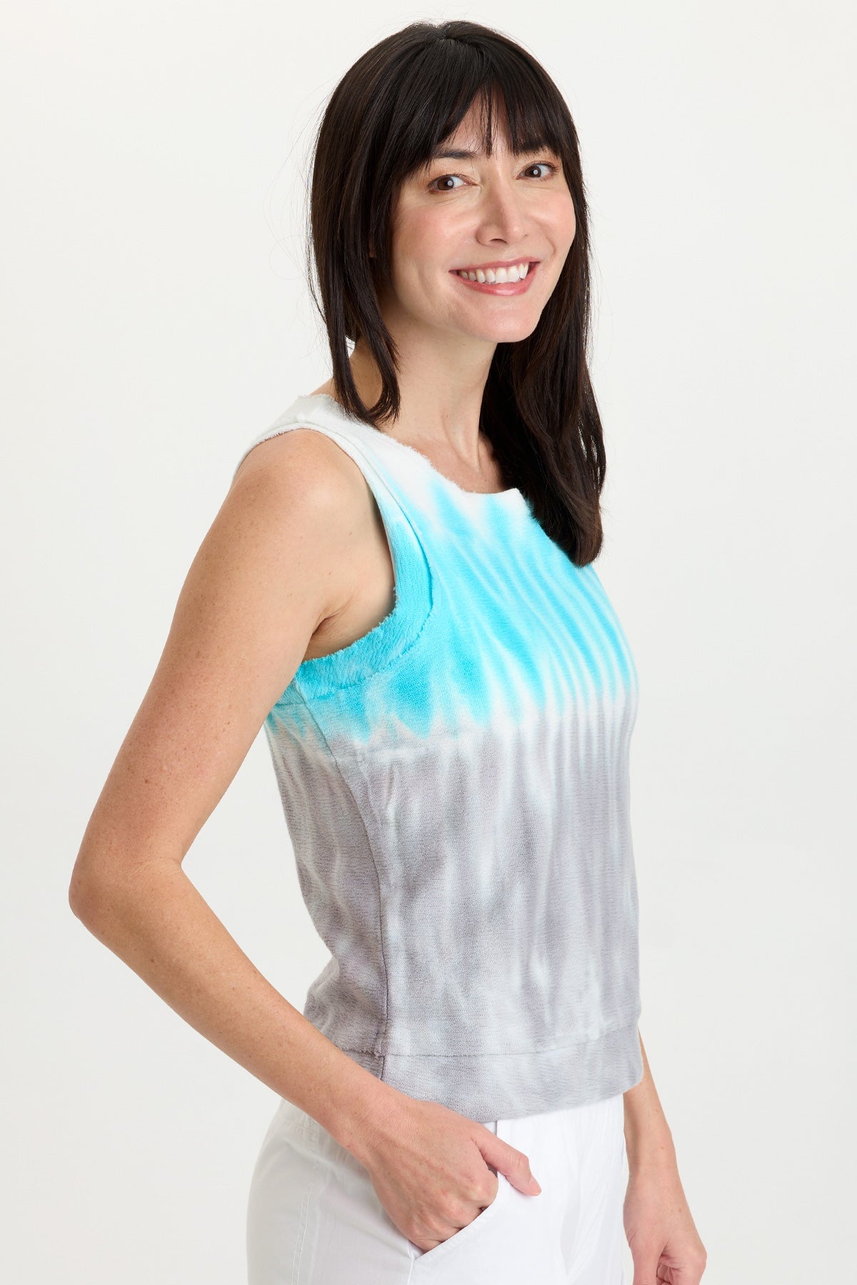 XCVI Ila Tank in Paradox Wash Mermaid colorway, sleeveless with turquoise and gray tie-dye pattern