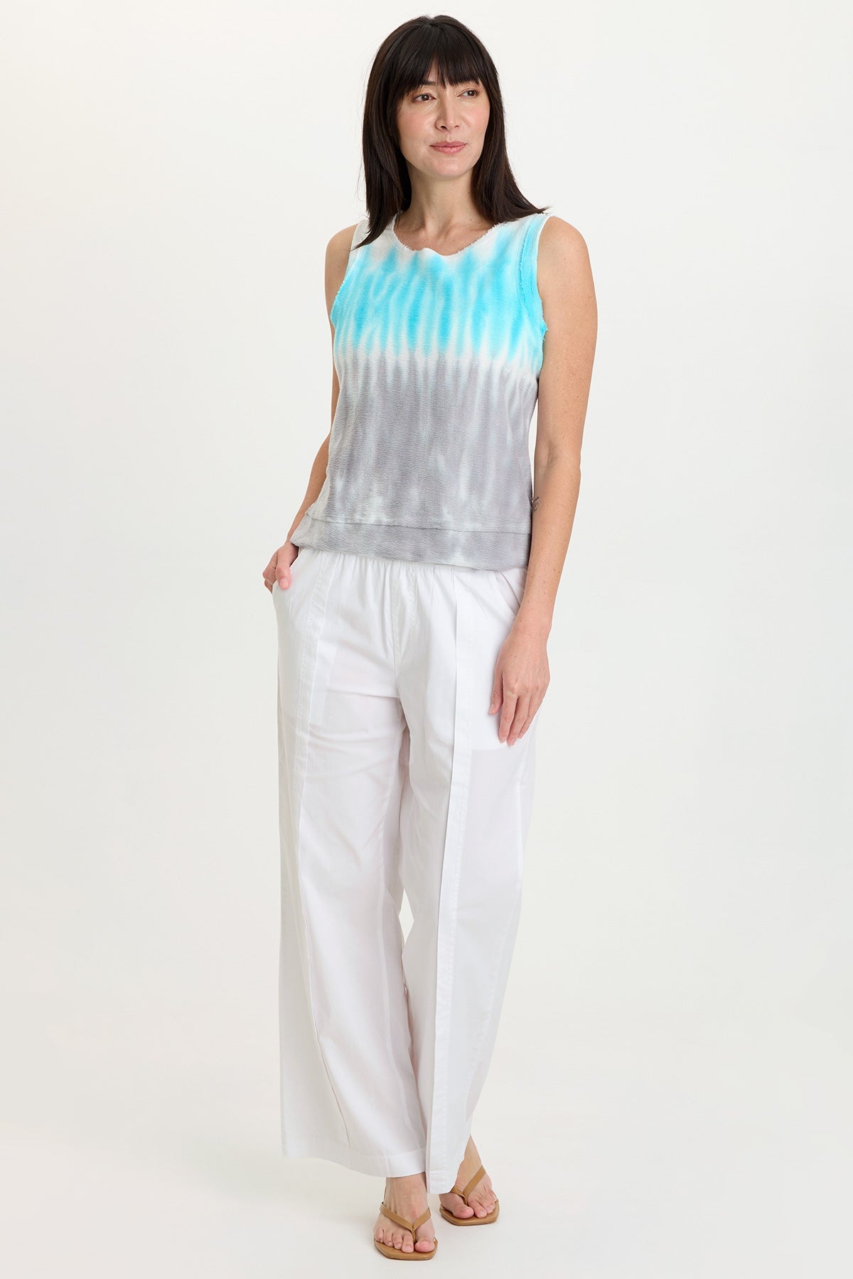 XCVI Ila Tank in Paradox Wash Mermaid colorway, paired with white wide-leg pants