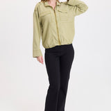 XCVI Tace Tencel Twill Relaxed Bomber Jacket in Artichoke Pigment on female model