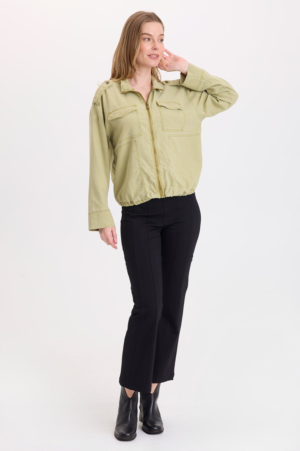 XCVI Tace Tencel Twill Relaxed Bomber Jacket in Artichoke Pigment on female model