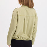 Back view of XCVI Tace Tencel Twill Relaxed Bomber Jacket in Artichoke Pigment green